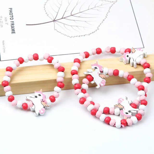 Colorful Wooden Unicorn and Rainbow Necklace 2pc
