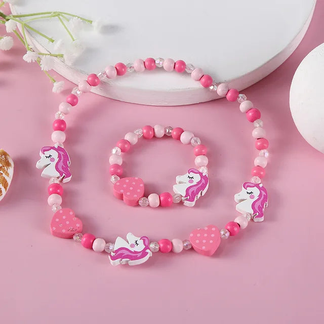 Colorful Wooden Unicorn and Rainbow Necklace 2pc